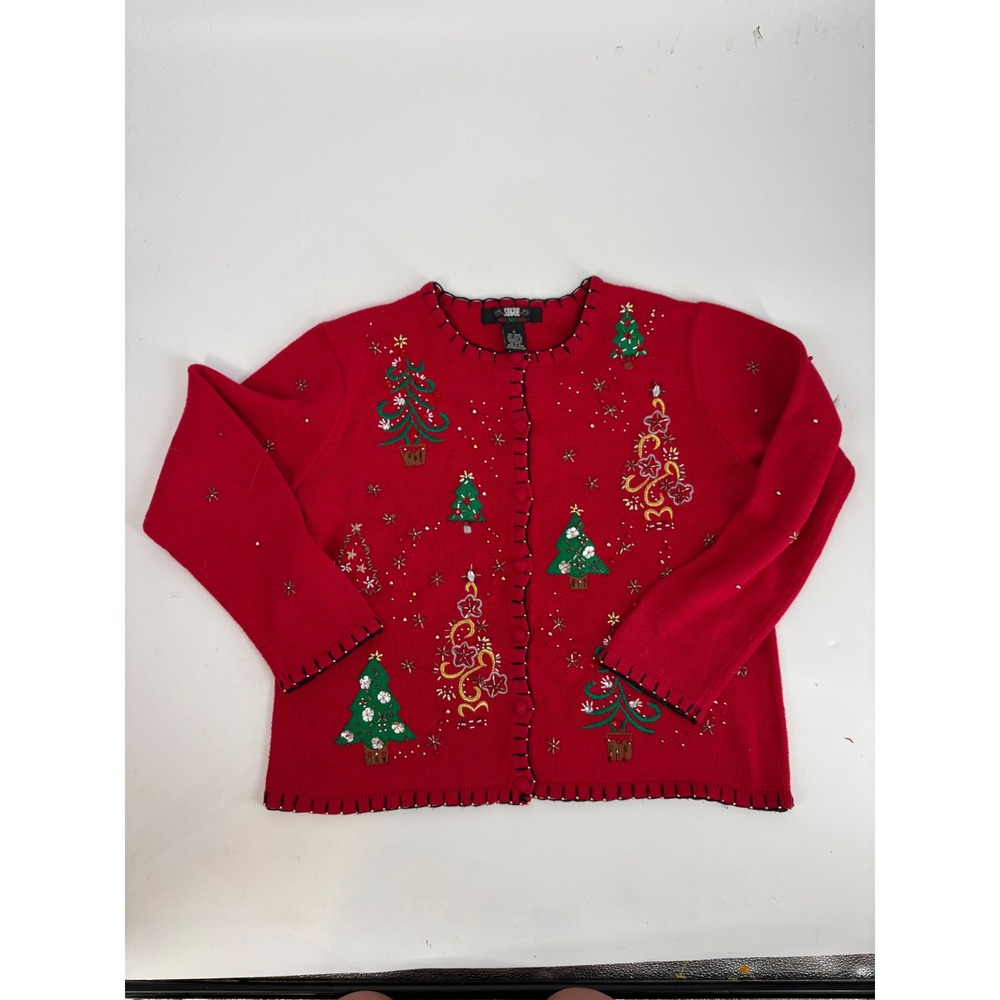 Segue Ho Ho Ho Red Christmas Tree Beaded Sequin Cardigan Sweater Women Small